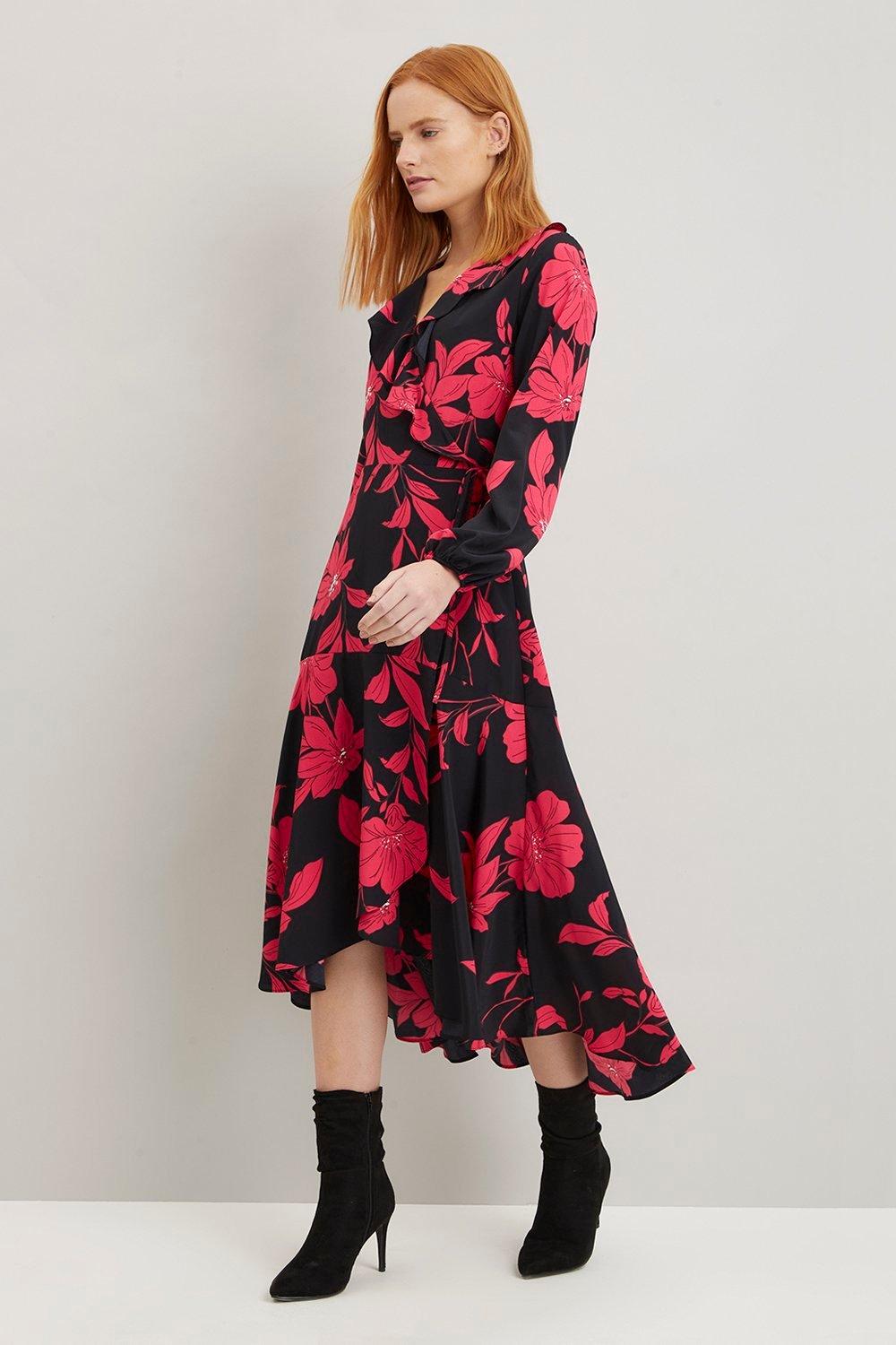 Black And Pink Ruffle Neck Wrap Dress | Wallis UK